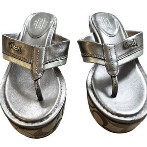 COACH Jody Silver Metallic Wedge Logo Sandals